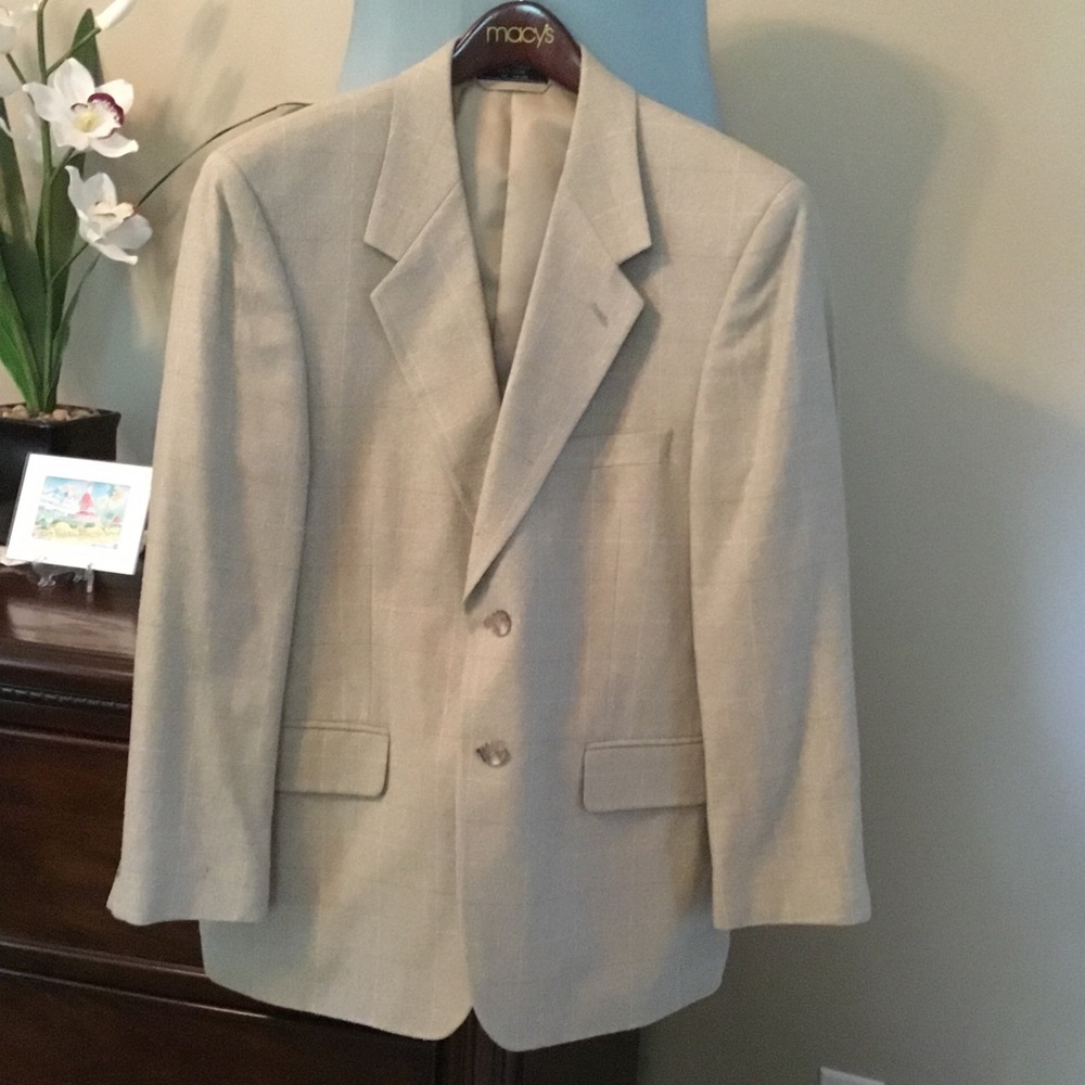 Hardy Amies-EUC-Men’s 100% Silk Beige Two-Button Windowpane Notch Lapel Blazer
